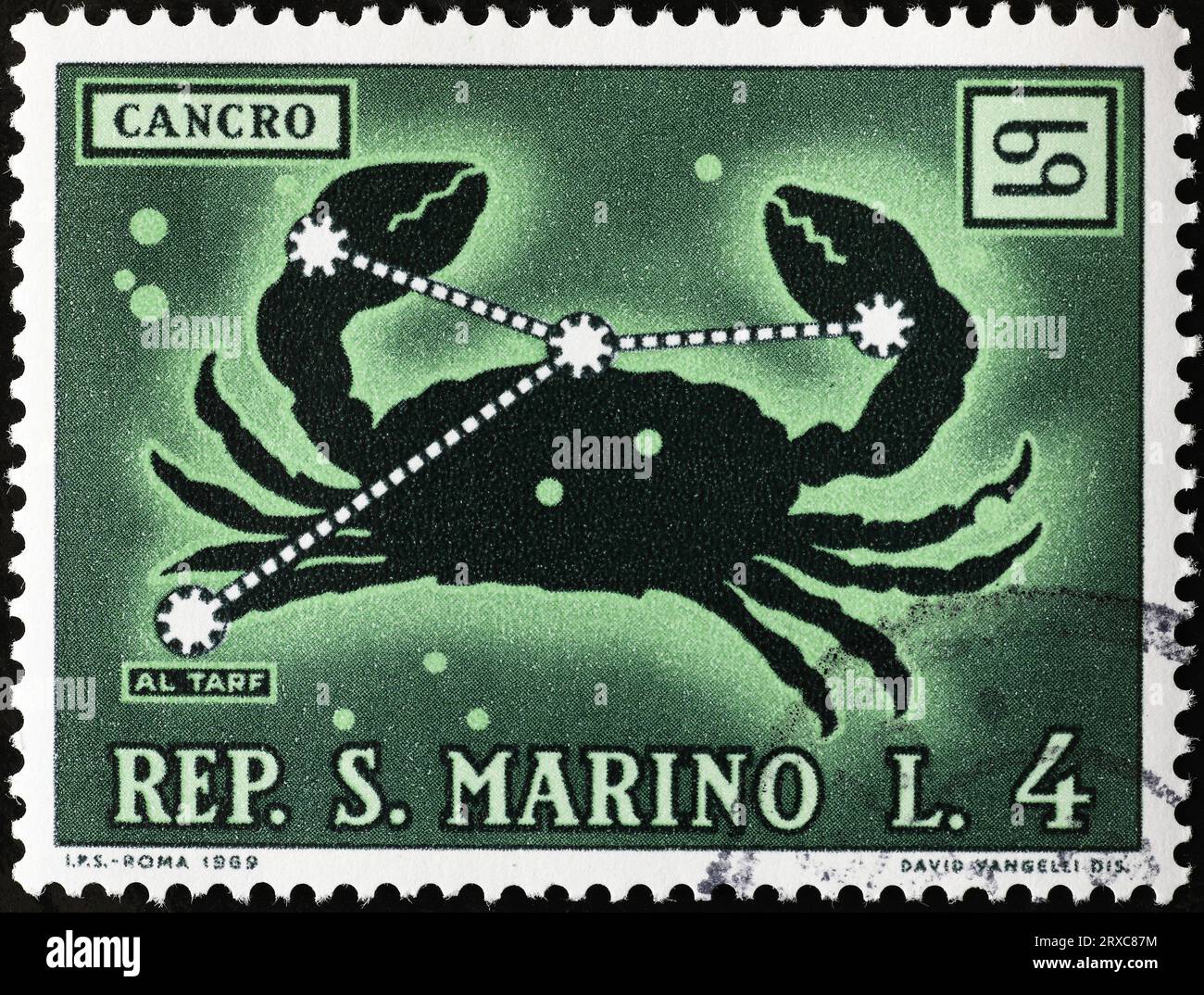 Segno zodiacale di granchio sul francobollo Foto Stock