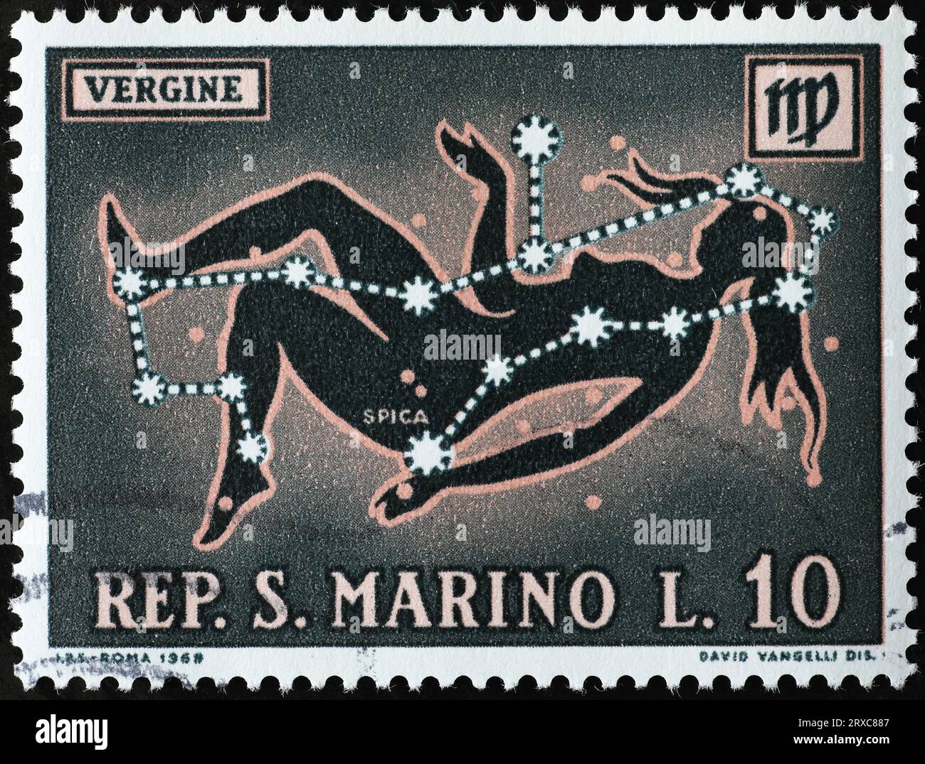 Segno di Zodiac della fanciulla sul francobollo Foto Stock