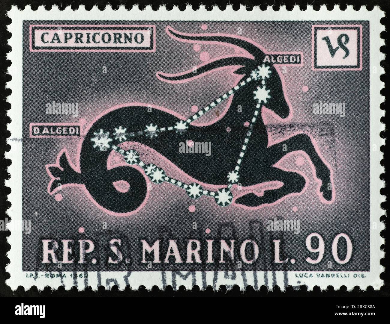 Segno zodiacale della capra di montagna sul francobollo Foto Stock