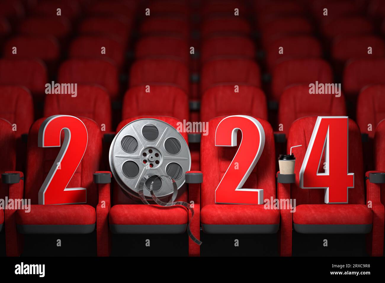 Felice anno nuovo 2024 nei posti a sedere Cinema Red. concetto di stagione cinematografica e cinematografica 2024. illustrazione 3d. Foto Stock
