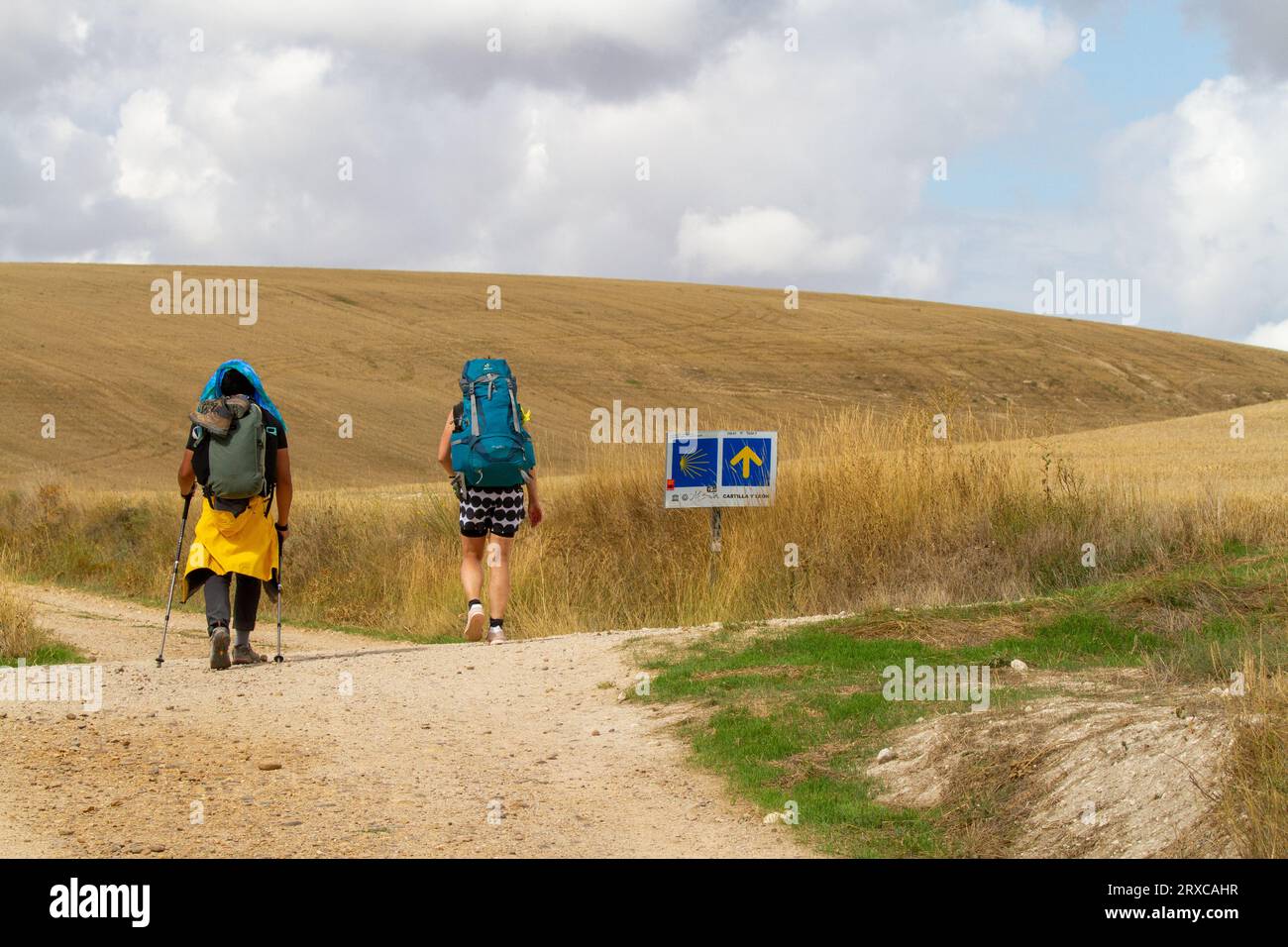 Pellegrini che camminano lungo il cammino di Santiago, il cammino di San Giacomo, attraverso la campagna spagnola tra Hornillos e Hontanas Spagna Foto Stock