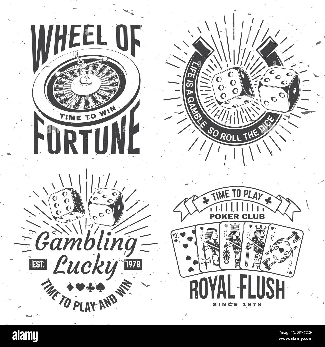 Logo di gioco d'azzardo fortunato, design distintivo con poker Royal Flush, ruota della fortuna, due dadi e silhouette a ferro di cavallo. la vita è una scommessa, quindi tira i dadi Illustrazione Vettoriale