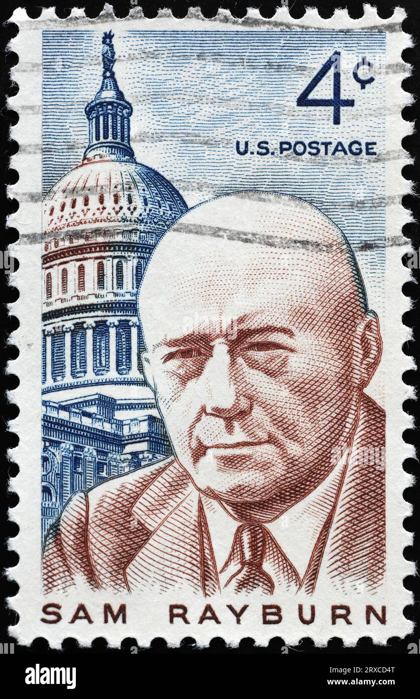 Il politico americano Sam Rayburn con francobollo vintage Foto Stock