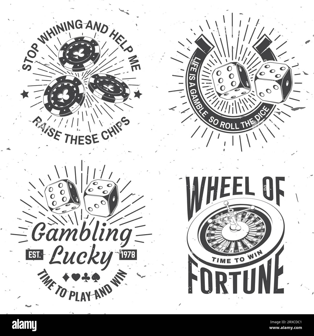 Logo del gioco d'azzardo fortunato, design del distintivo con ruota del poker della fortuna, chip da casinò, due dadi e silhouette a ferro di cavallo. Vettore. Per l'industria del gioco d'azzardo, lo sport Illustrazione Vettoriale