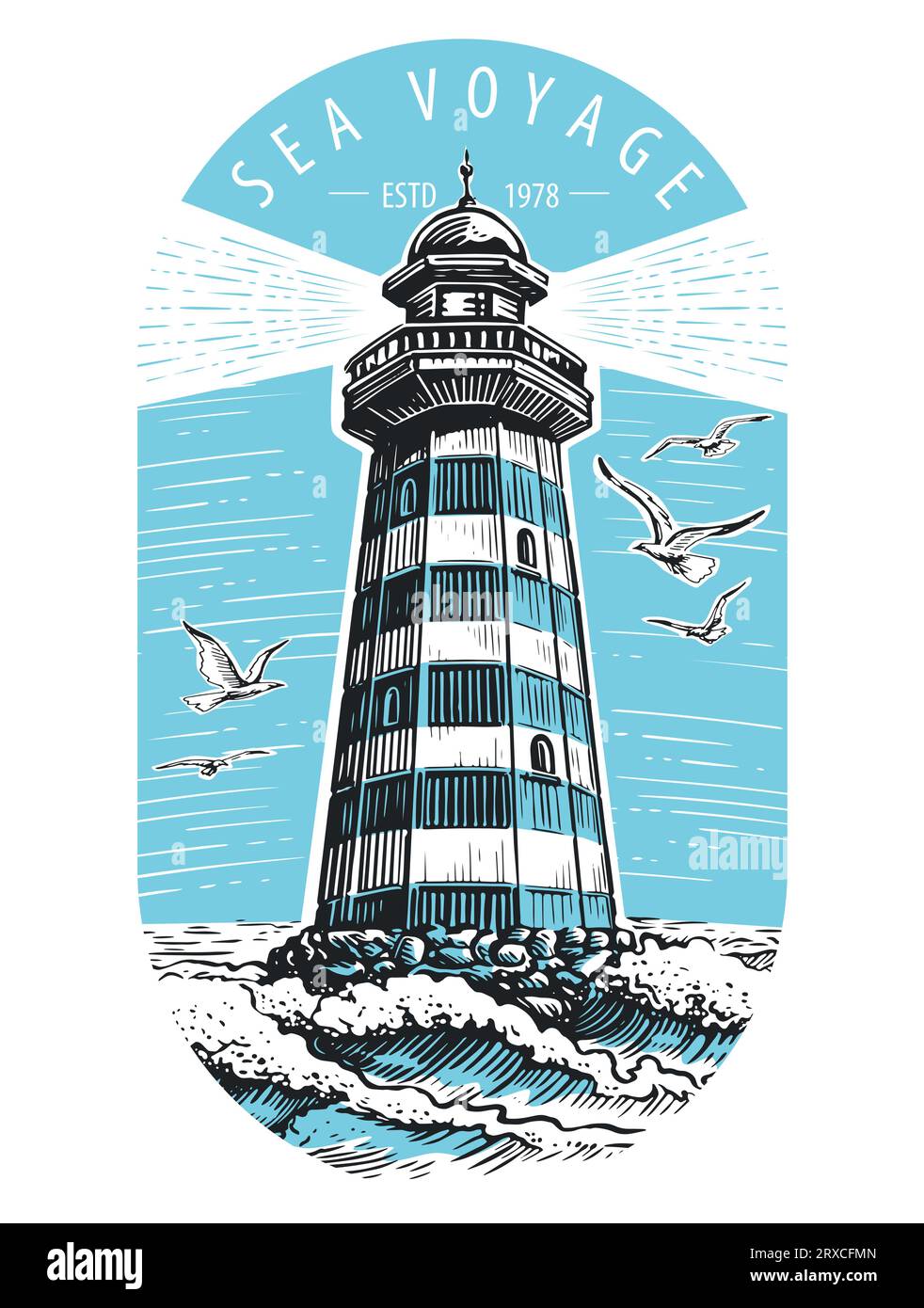 Disegno del faro sul mare illustrazione vettoriale disegnata a mano. Vista mare in stile retrò Illustrazione Vettoriale