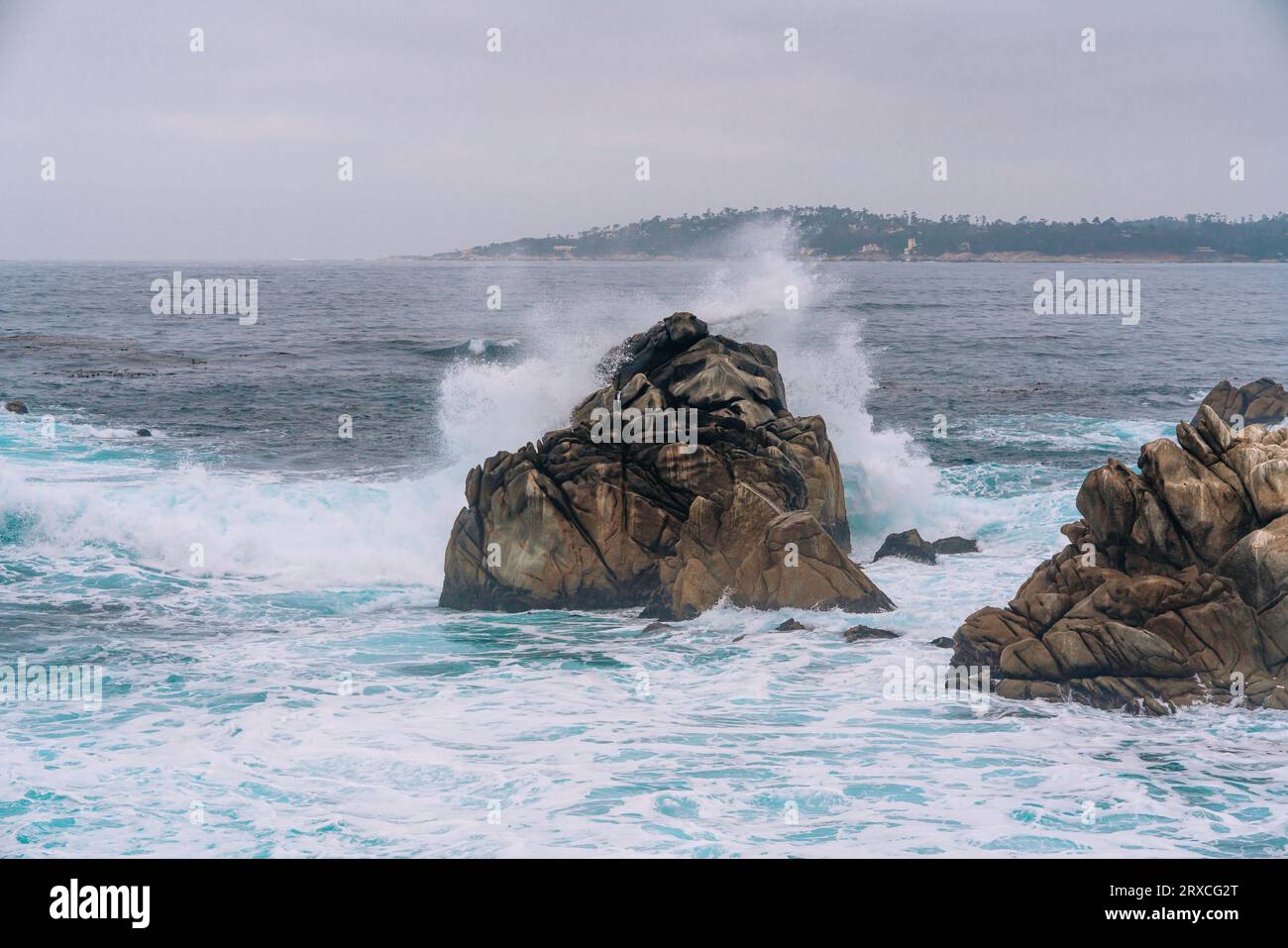 Le onde si tuffano sulle rocce sulla riva del mare, Monterey Bay, California Foto Stock