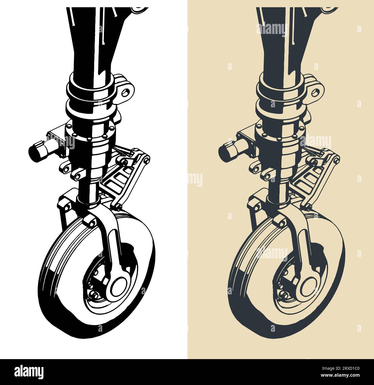 Illustrazioni vettoriali stilizzate del carrello di atterraggio sul naso dell'aeromobile in primo piano Illustrazione Vettoriale