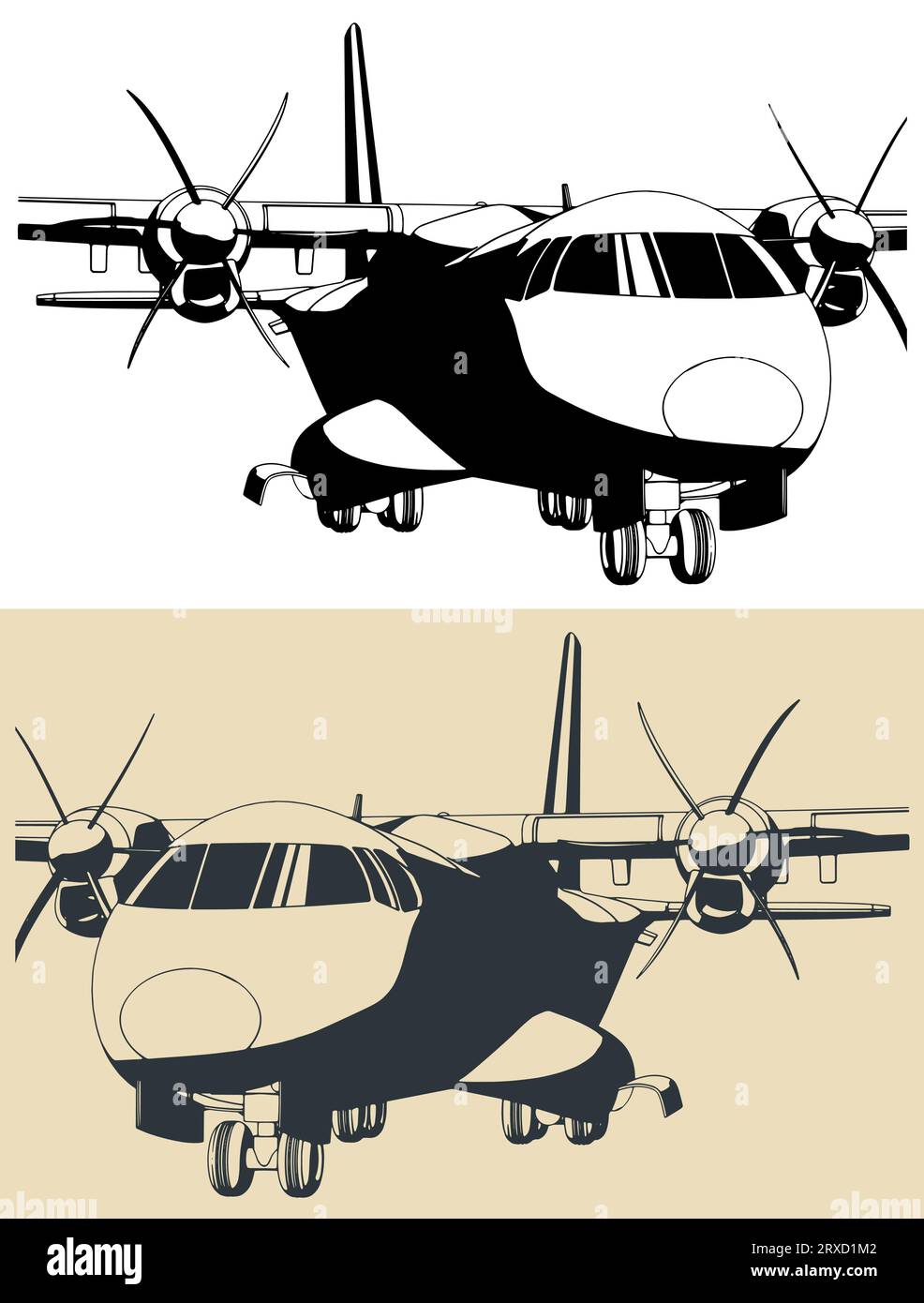 Illustrazioni vettoriali stilizzate di aerei da trasporto a turboelica in primo piano Illustrazione Vettoriale