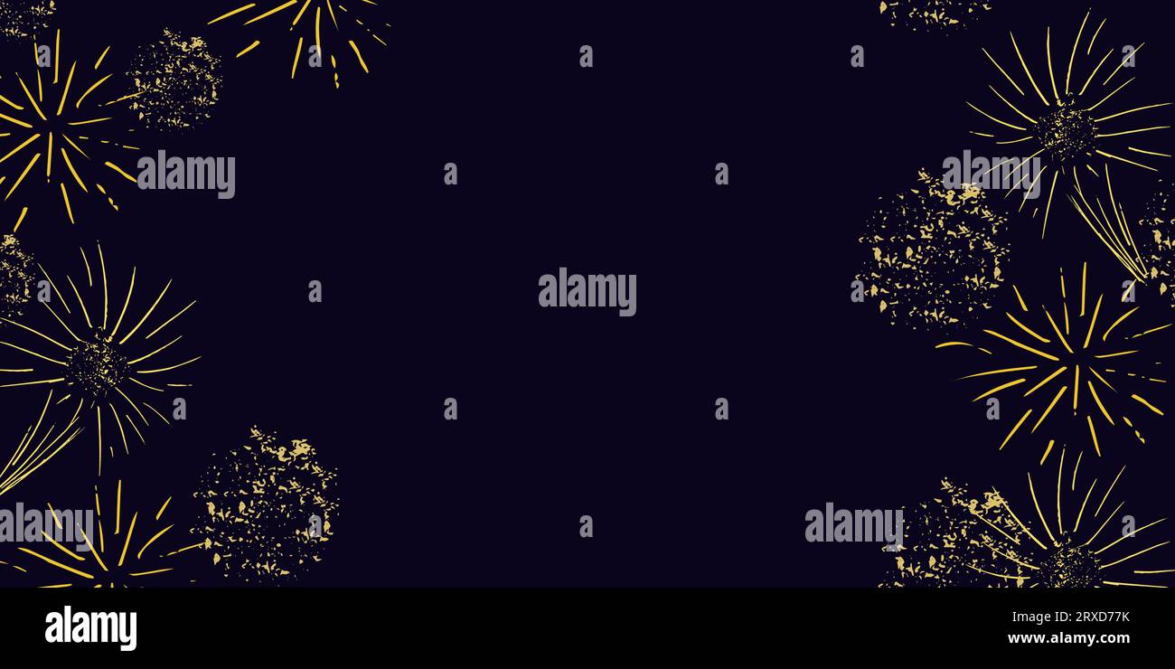Cielo scuro sullo sfondo con fuochi d'artificio colorati. Spazio per il testo. Poster di design, volantini, biglietti d'auguri. Festa, Natale, compleanno. Illustrazione vettoriale. Illustrazione Vettoriale