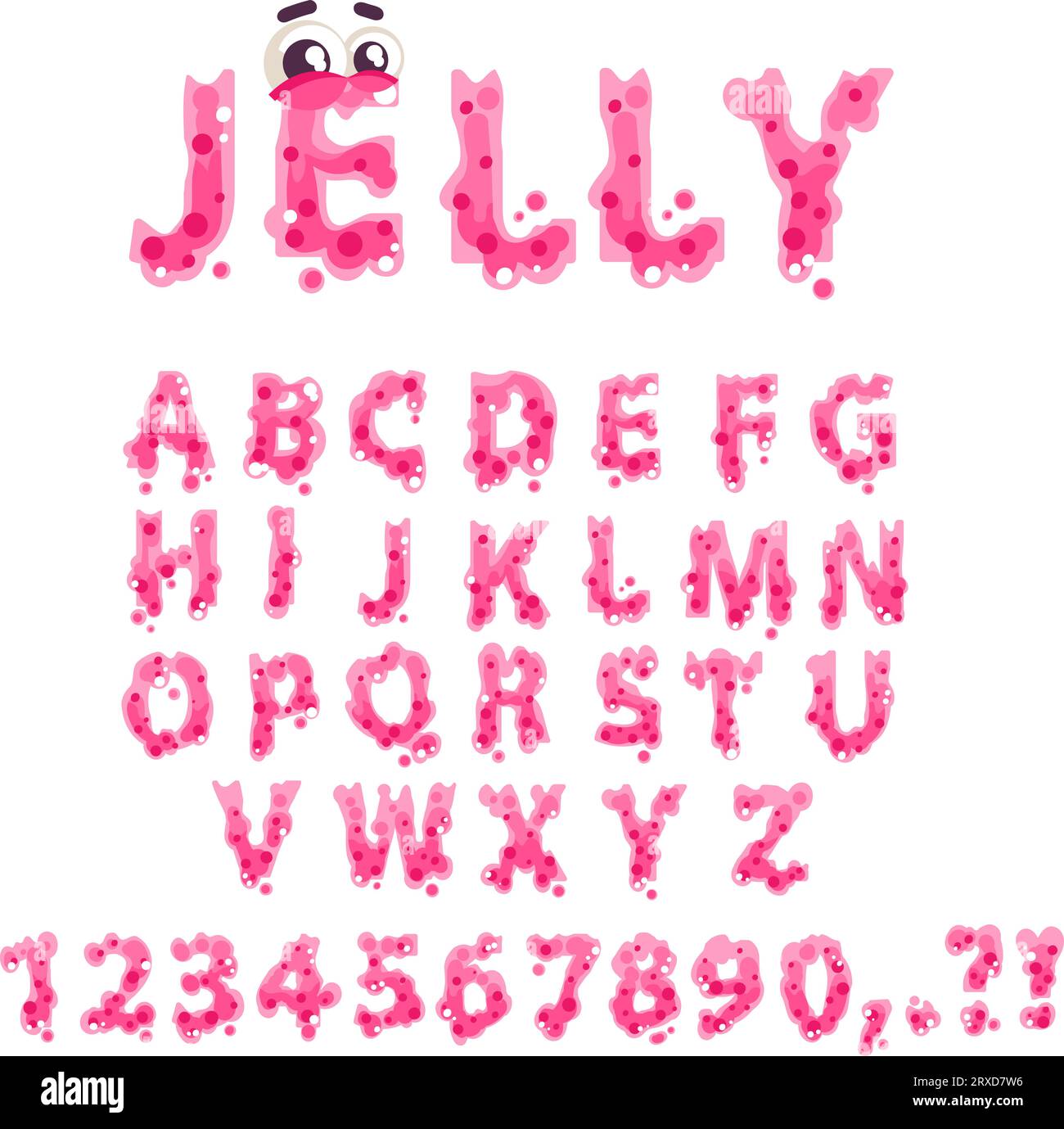 Font rosa slime. L'alfabeto delle gomme, le lettere che sgocciolano il fumetto bubblegum la tipografia dei bambini, il testo adesivo liquido che gocciola la gelatina dolce il gocciolamento goccia il liquido il numero e la lettera, l'illustrazione vettoriale di classe della melma dell'alfabeto Illustrazione Vettoriale