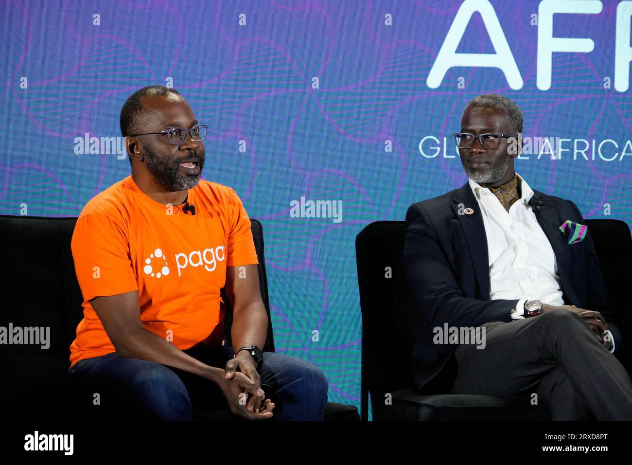 New York, New York, USA. , . Tayo Oviosu, Stephen Kiptinness durante la 2023 UNSTOPPABLE AFRICA Conference presentata da Global African Business Initiative, tenutasi al Westin Grand Central di New York, settembre 21-22 2023. Crediti: Jennifer Graylock/Alamy Live News Foto Stock