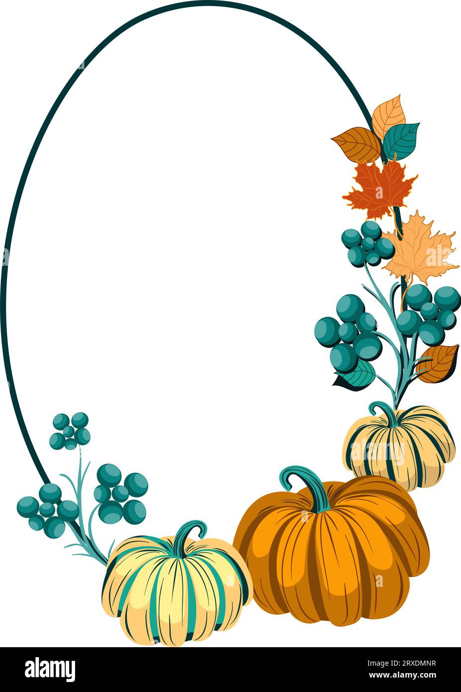 Decorazioni floreali autunnali montatura ovale con zucche e foglie d'acero illustrazione vettoriale Illustrazione Vettoriale