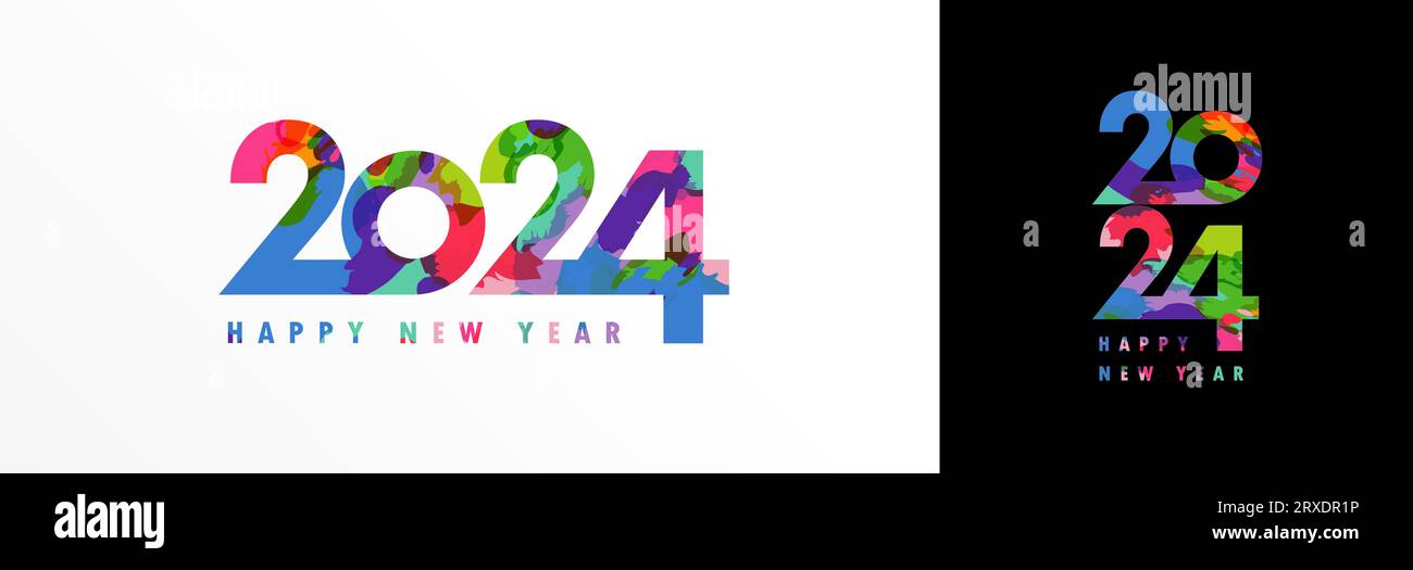 2024 Happy New Year colorato gocce tipografia logo concetto di design. Illustrazione del numero troncato colorato. Il vettore di auguri di Natale creativo e il nuovo anno Illustrazione Vettoriale