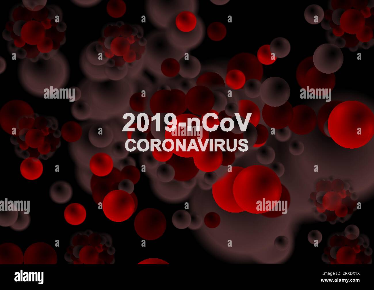 Coronavirus 2019-nCoV dalla Cina. Molecole rosse e batteri minacciosi su sfondo scuro. Progettazione vettoriale Illustrazione Vettoriale