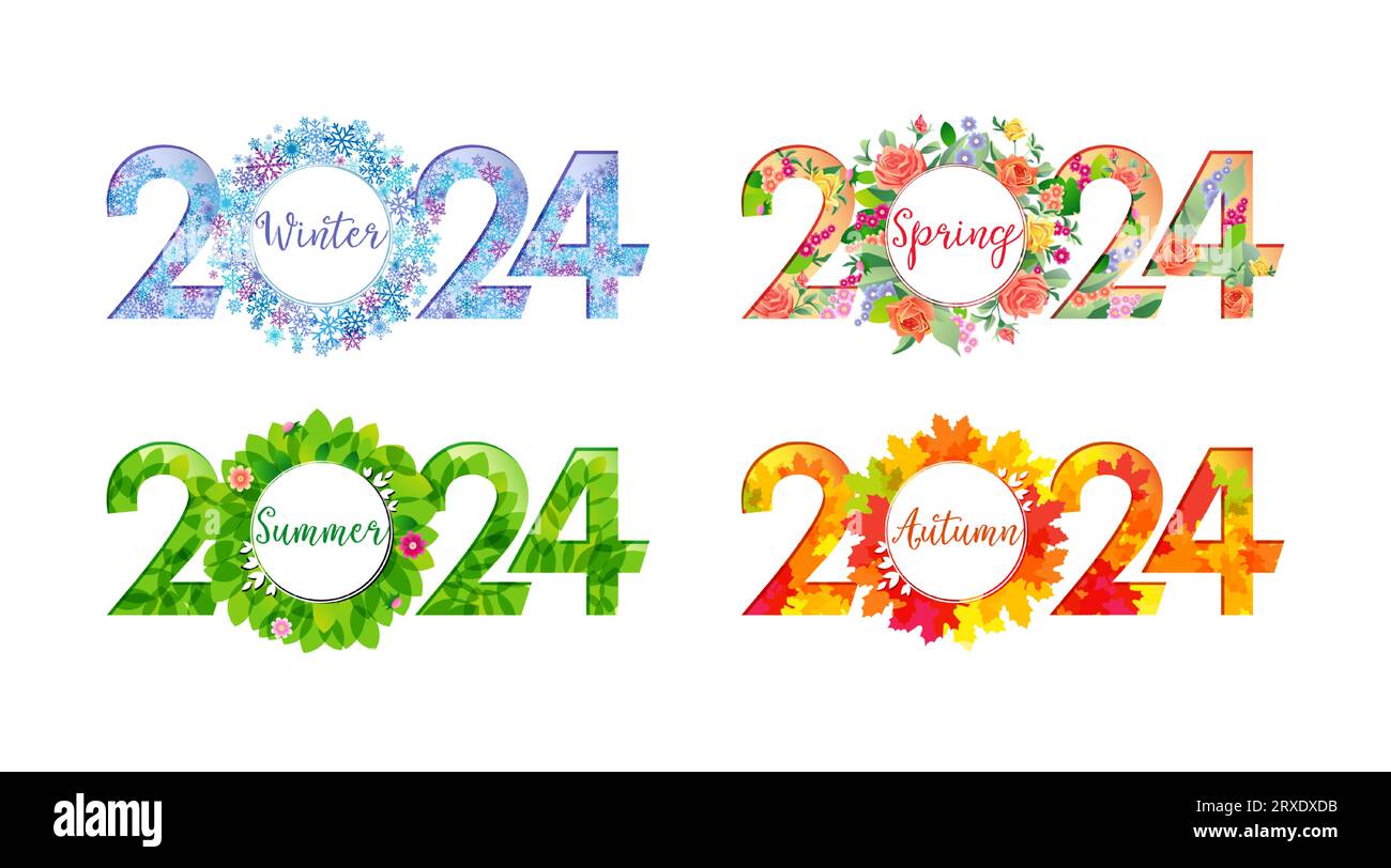 Set di loghi dei numeri creativi 2024. Felice anno nuovo 2024 o felice inverno, primavera, estate e autunno. Design delle icone. Decorazioni stagionali. Web Sign Illustrazione Vettoriale
