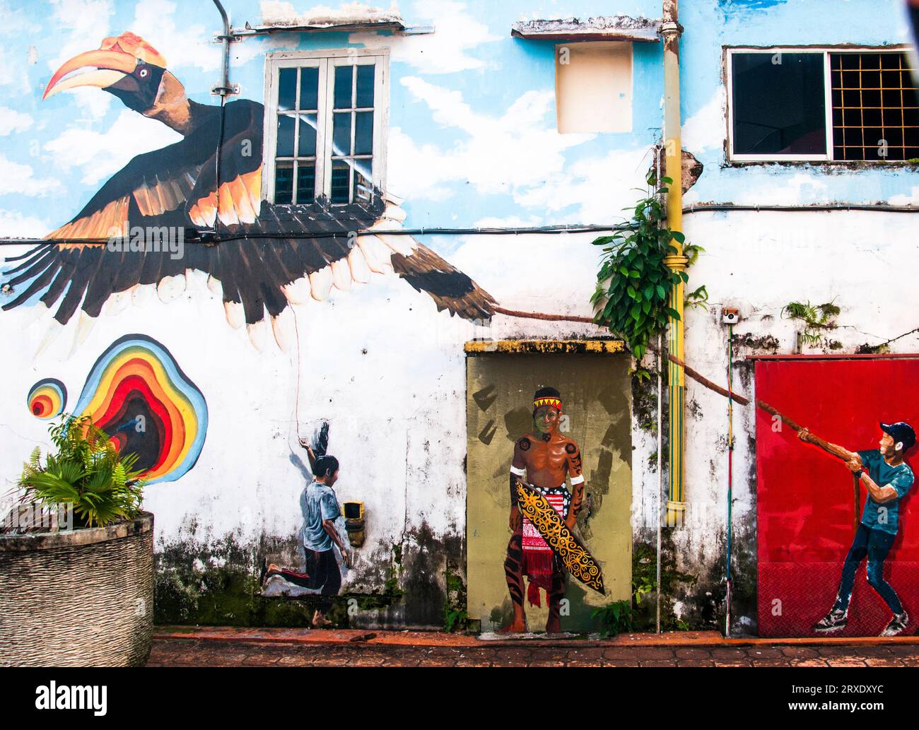 Arte di strada a Kuching, capitale storica dello stato del Sarawak nel Borneo malese Foto Stock
