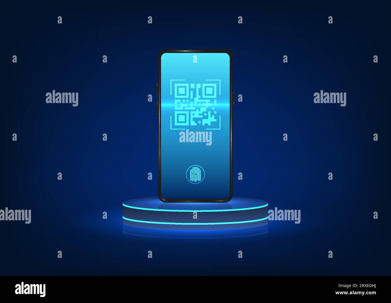 Tecnologia smartphone Un telefono cellulare è stato posizionato su un podio con lo schermo che esegue la scansione di un codice QR. È possibile pagare o visualizzare le informazioni. Superato il codice QR sc Illustrazione Vettoriale