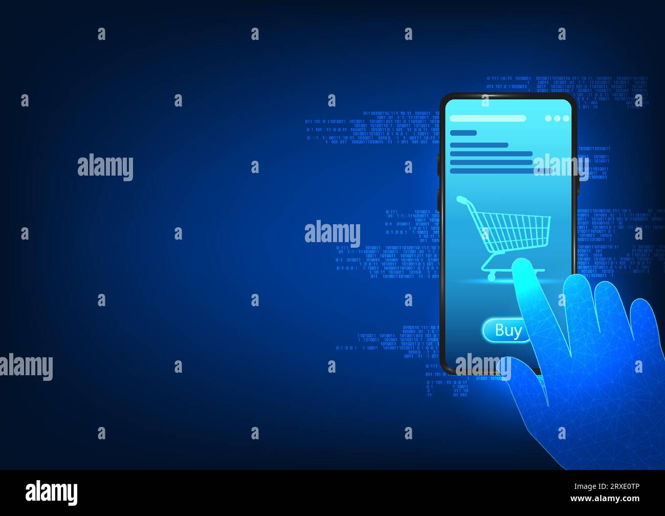 Tecnologia per smartphone con acquisti online nelle applicazioni mobili, Una mano preme il pulsante shopping sullo schermo di un dispositivo mobile con un carrello e un Illustrazione Vettoriale