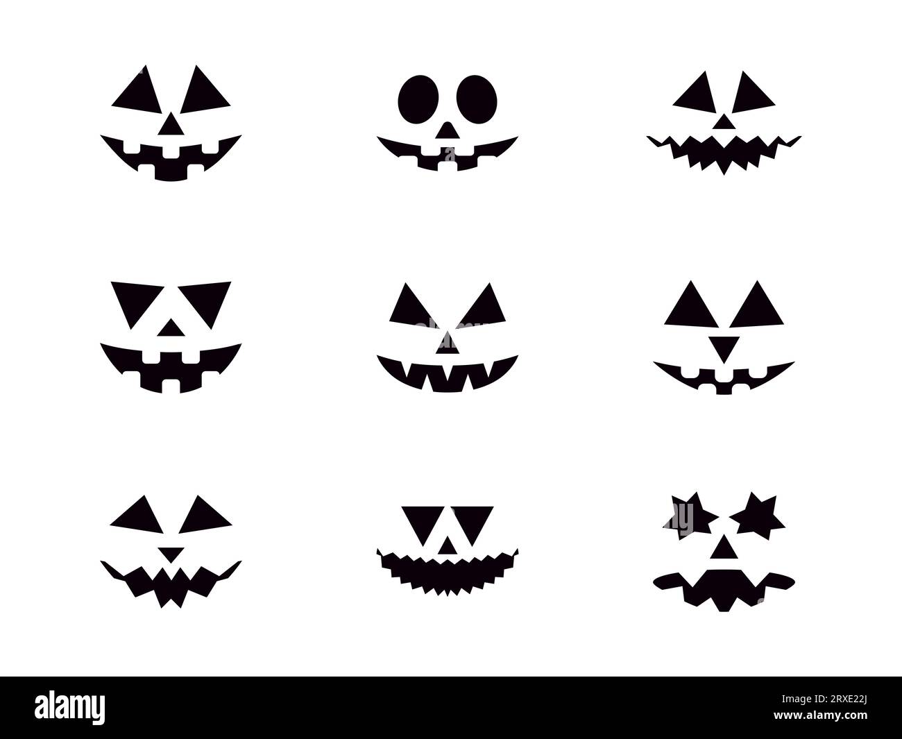 Set viso di zucca scolpito di Halloween isolato su sfondo bianco. Collezione di icone facce spaventose. Buon Halloween 31 ottobre, trucco o regalo. Jack-o-Lant Illustrazione Vettoriale