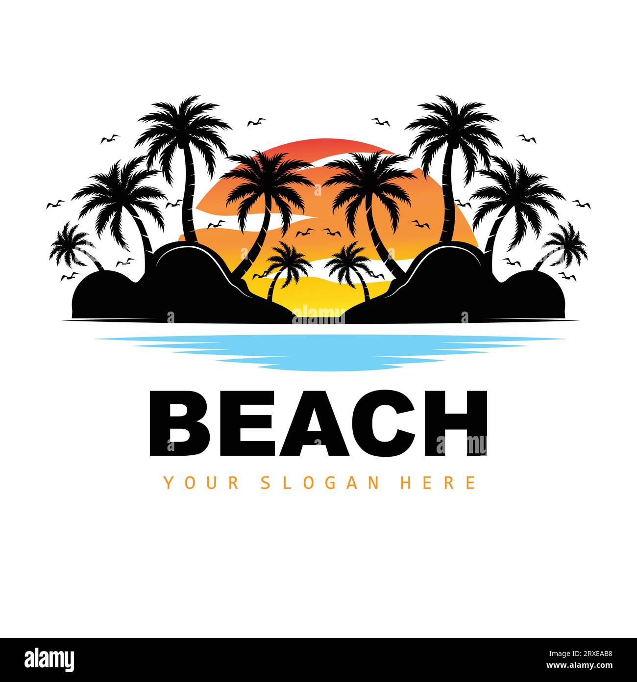 Cocco e logo spiaggia, Ocean Nature Landscape Design, Beach Icon Plant Vector Illustrazione Vettoriale