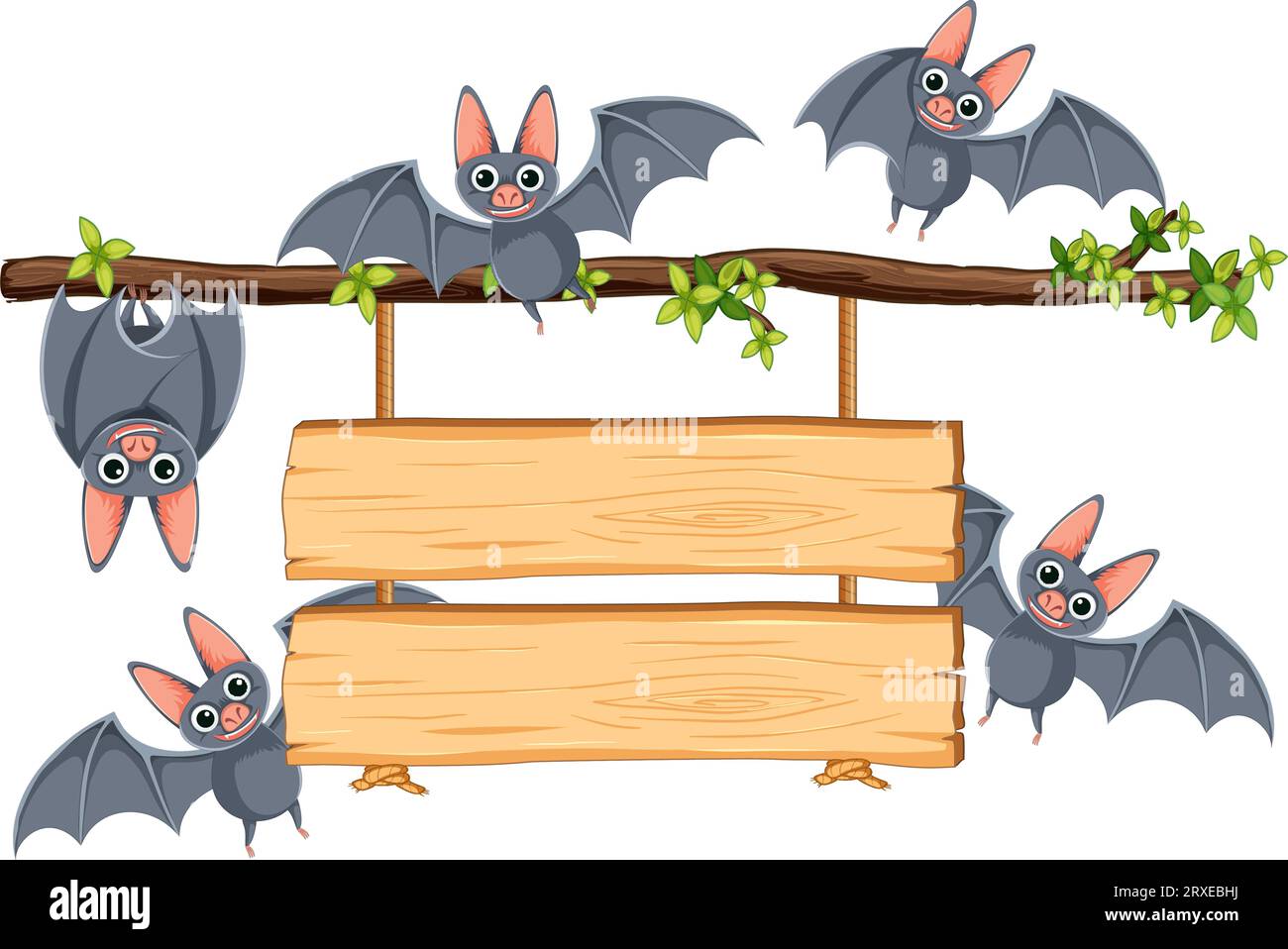 Illustrazione di un cartone animato vettoriale di pipistrelli in volo e appollaiati su un ramo di albero con un cartello di legno appeso Illustrazione Vettoriale