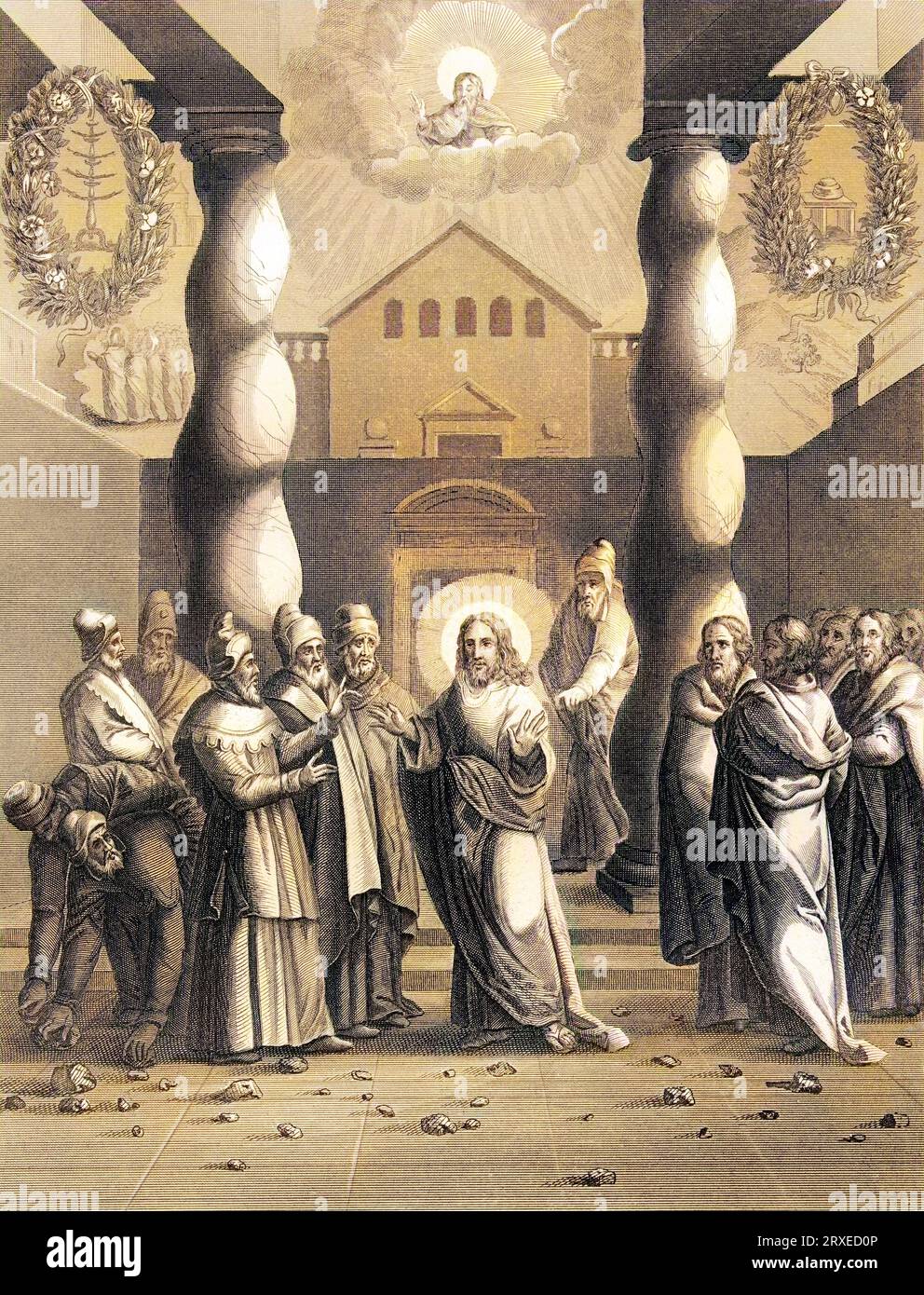 Gesù dichiara ai Giudei che egli è il figlio di Dio e che prendono pietre per lapidarlo. Illustrazione colorata per la vita di nostro Signore Gesù Cristo scritta dai quattro evangelisti, 1853 Foto Stock