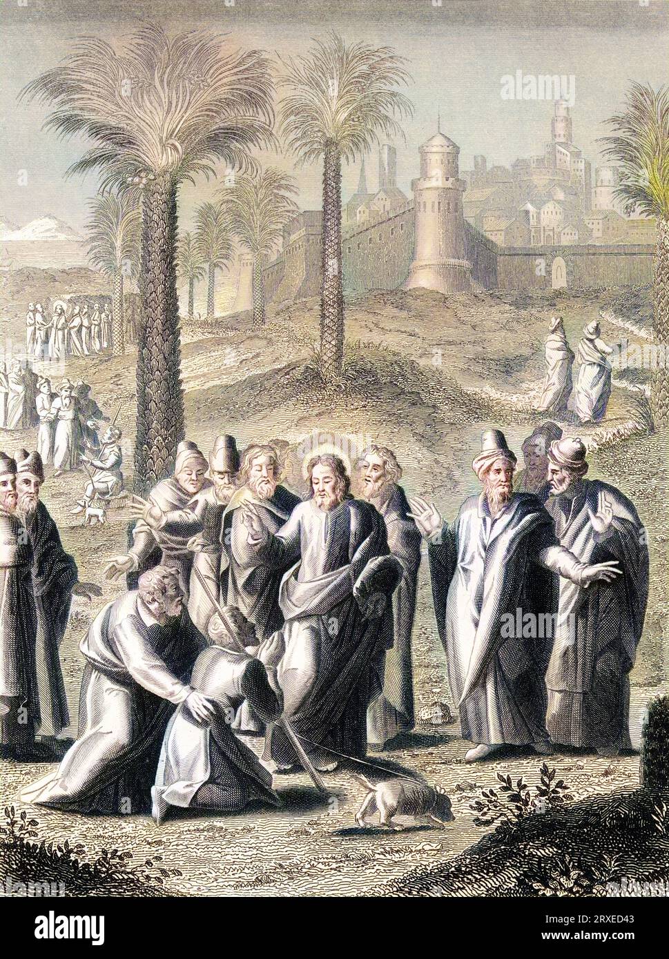 Gesù che lascia Gerico guarisce un cieco. Illustrazione colorata per la vita di nostro Signore Gesù Cristo scritta dai quattro evangelisti, 1853 Foto Stock