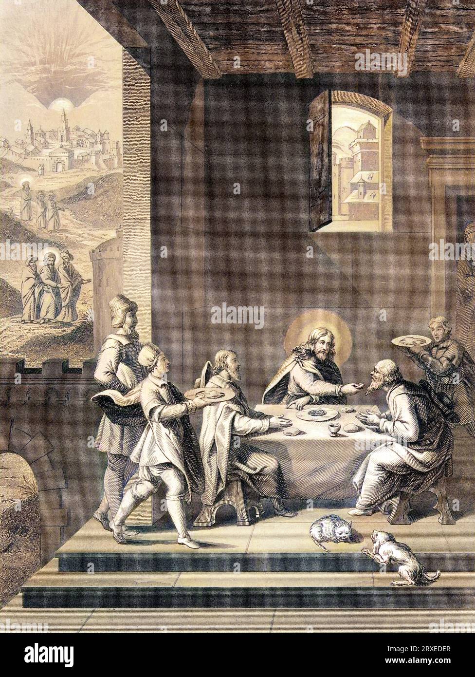 Cristo e i Pellegrini ad Emmaus. Illustrazione colorata per la vita di nostro Signore Gesù Cristo scritta dai quattro evangelisti, 1853 Foto Stock