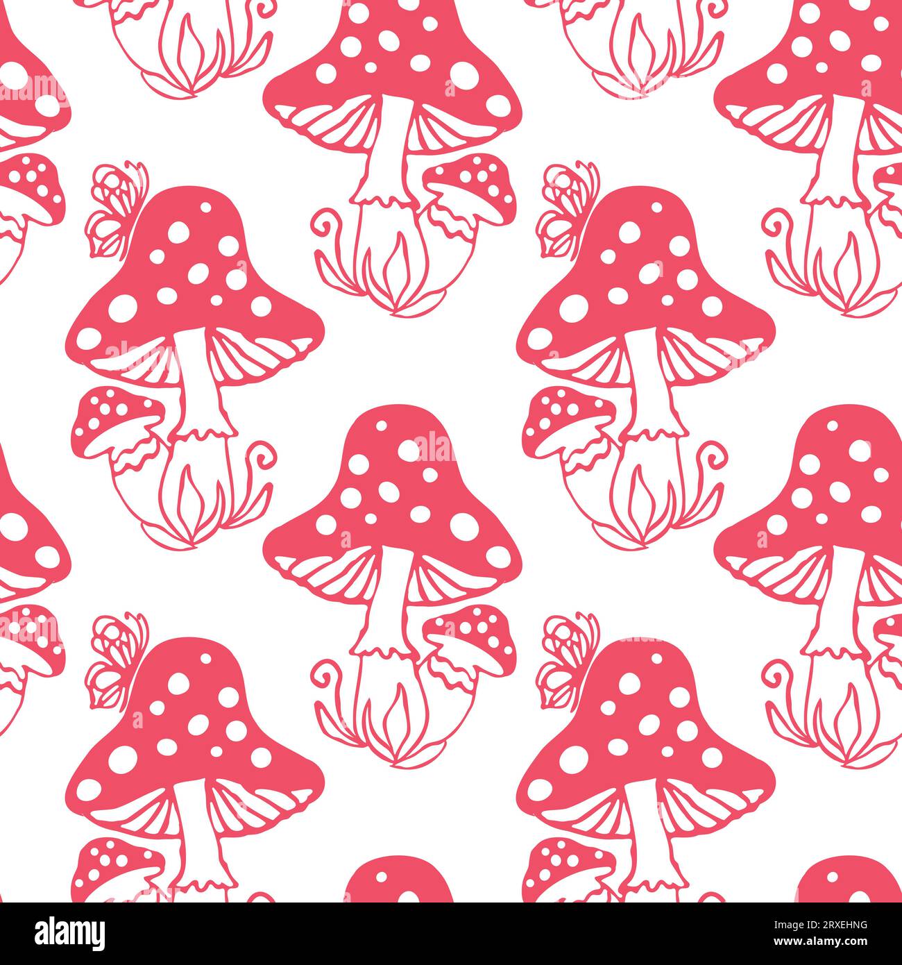 Motivo autunnale senza cuciture con funghi rossi per design tessile o carta da parati, album di ritagli. sfondo vettoriale con elemento disegnato a mano. Illustrazione Vettoriale