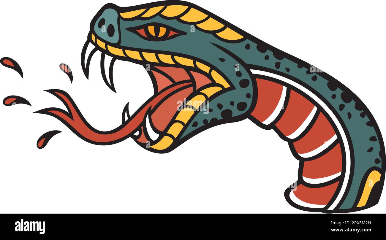 Tatuaggio in stile Old School, testa di serpente. Illustrazione vettoriale. Illustrazione Vettoriale