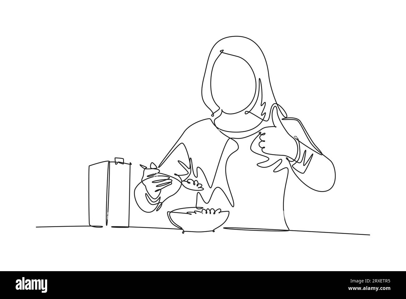 Un unico disegno continuo di una giovane donna felice che fa colazione con cereali e latte e che dà il pollice in su. Concetto di alimentazione sana. Dynami Foto Stock