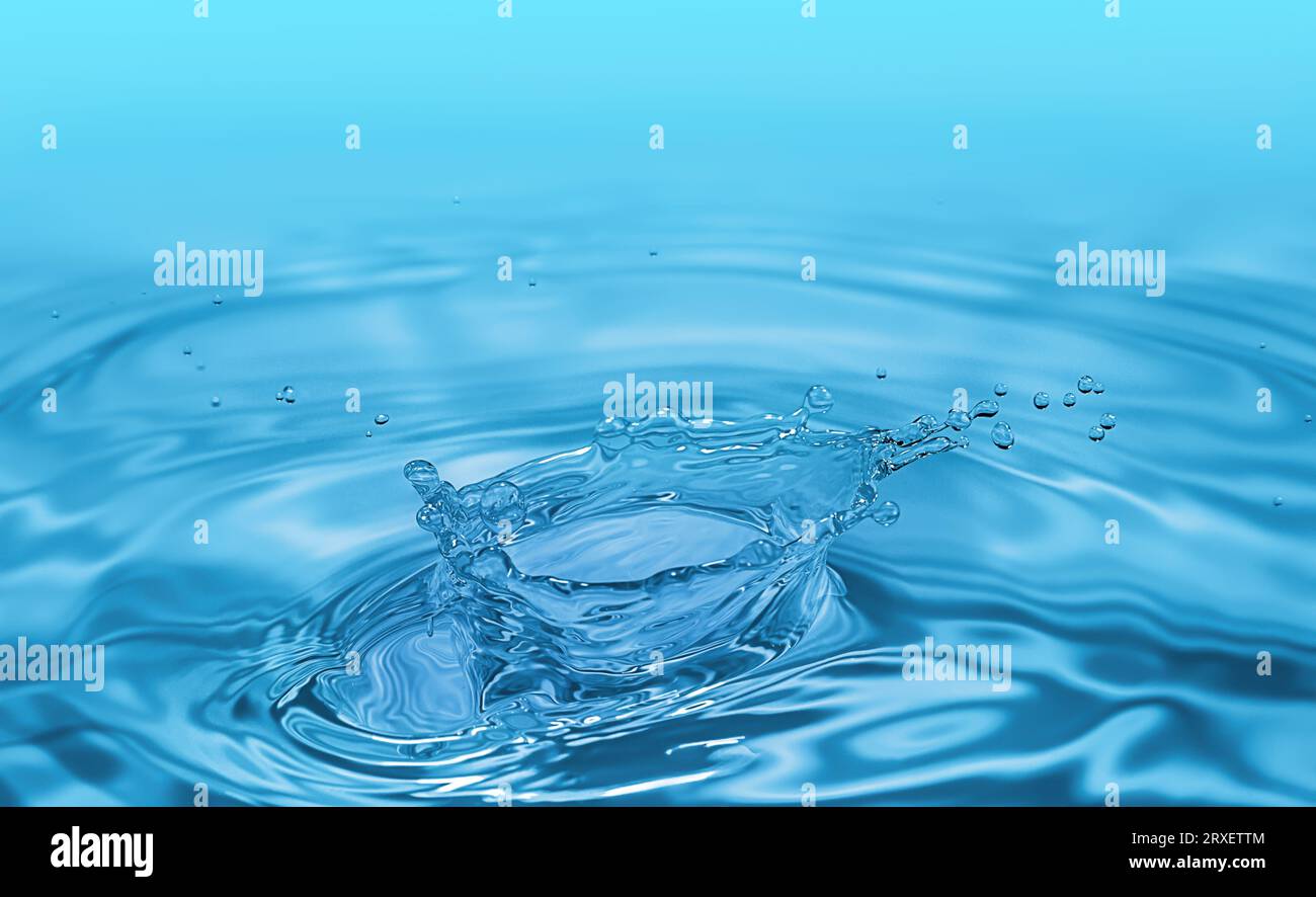 Gocce d'acqua limpida che spruzzano in cerchi concentrici, catturando una purezza rinfrescante. Foto Stock