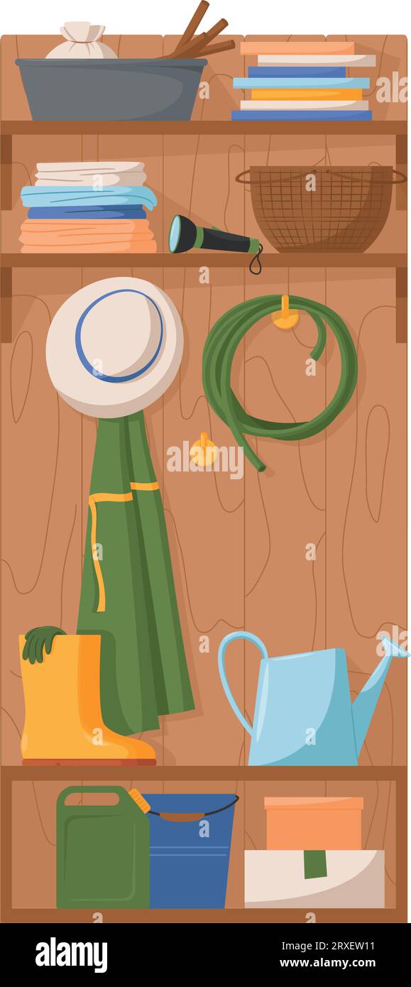 Attrezzi da giardinaggio e abiti appesi a un muro Illustrazione Vettoriale
