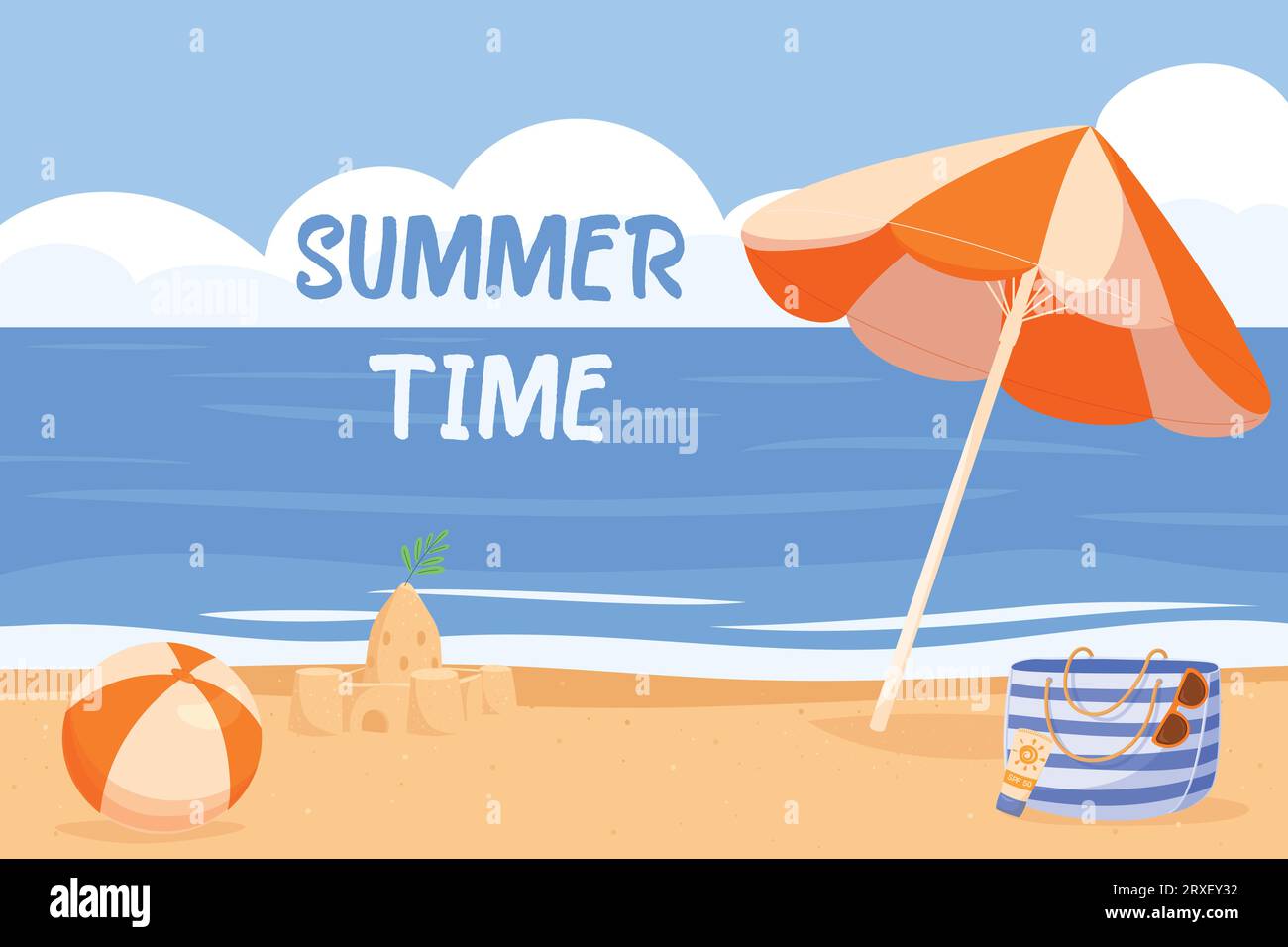 Estate , mare con spiaggia, ombrellone, castello e palla Illustrazione Vettoriale