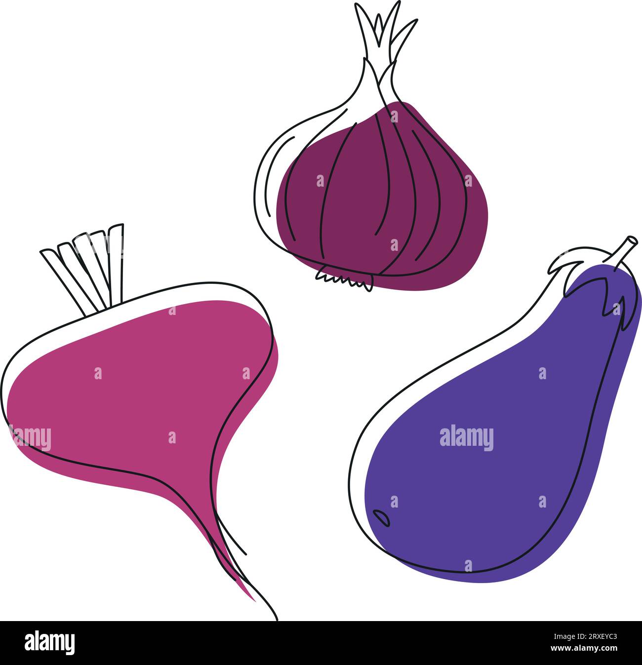 Set di linee di doodle di verdure fresche della fattoria viola Illustrazione Vettoriale