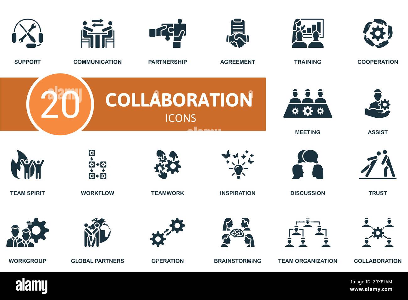 Set di collaborazione. Icone creative: Supporto, comunicazione, partnership, accordo, formazione, cooperazione, riunione, assistenza, spirito di squadra, flusso di lavoro Illustrazione Vettoriale