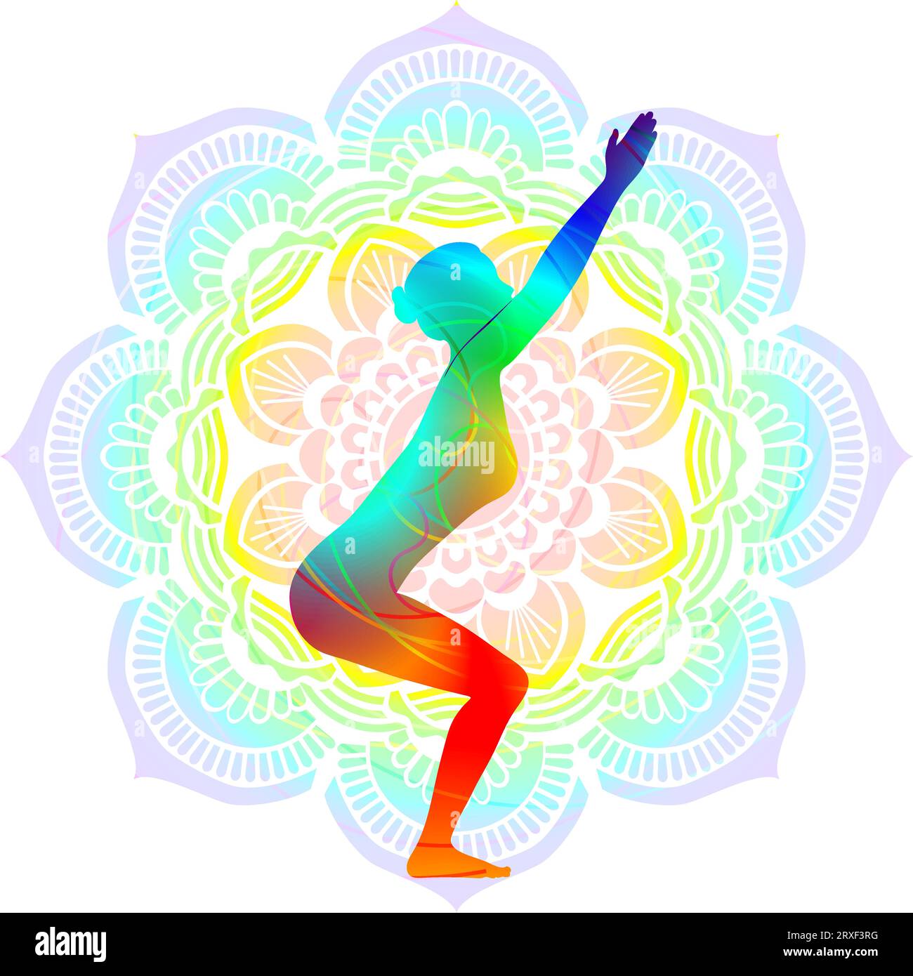 Postura yoga con silhouette colorata. Sedia con posa per lo sguardo rivolto verso l'alto. Utkatasana. Illustrazione vettoriale isolata. Mandala Illustrazione Vettoriale