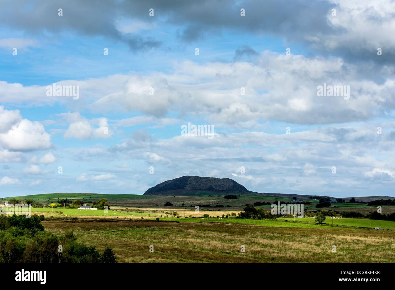 Slemish, storicamente chiamata Slieve Mish, è una collina della contea di Antrim, Irlanda del Nord. Si trova a pochi chilometri a est di Ballymena. Foto Stock