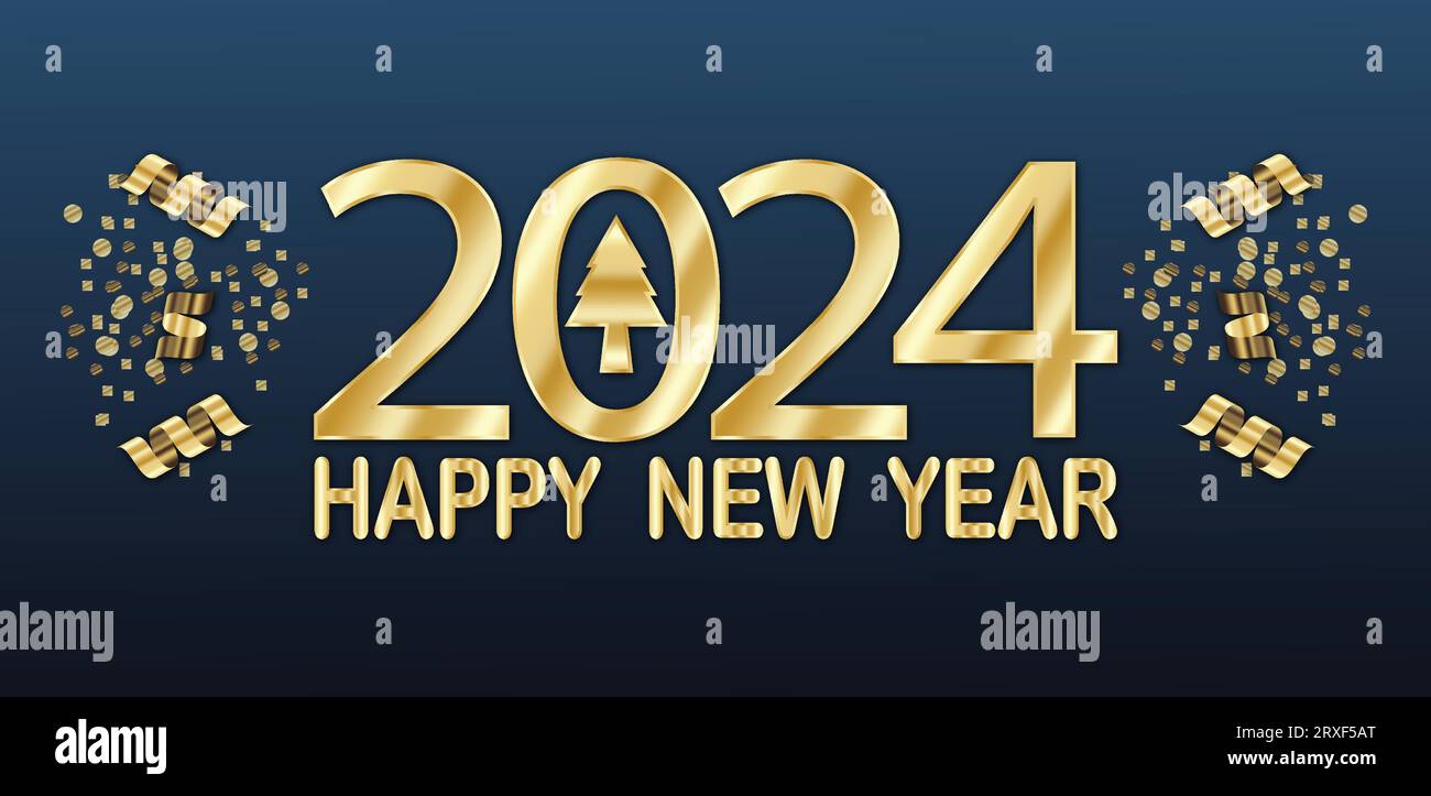 2024 felice anno nuovo sfondo di saluto con albero di natale dorato. Illustrazione vettoriale. Illustrazione Vettoriale