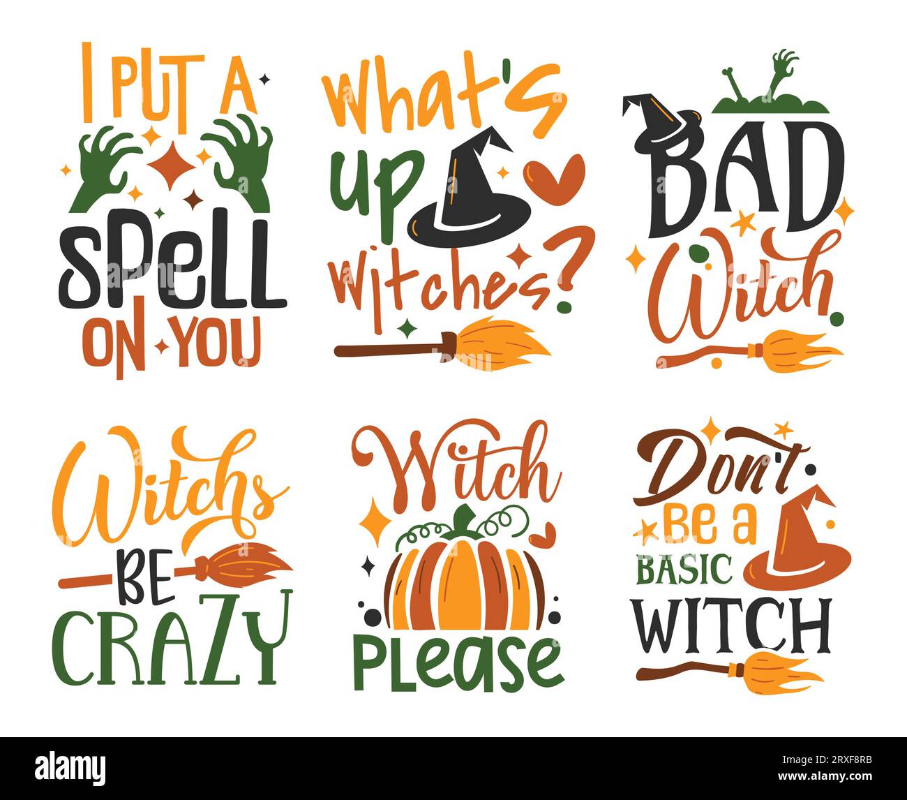 Set di citazioni letterarie di Halloween con zucche, cappello da strega, ragnatela e pipistrelli. Illustrazione vettoriale Illustrazione Vettoriale