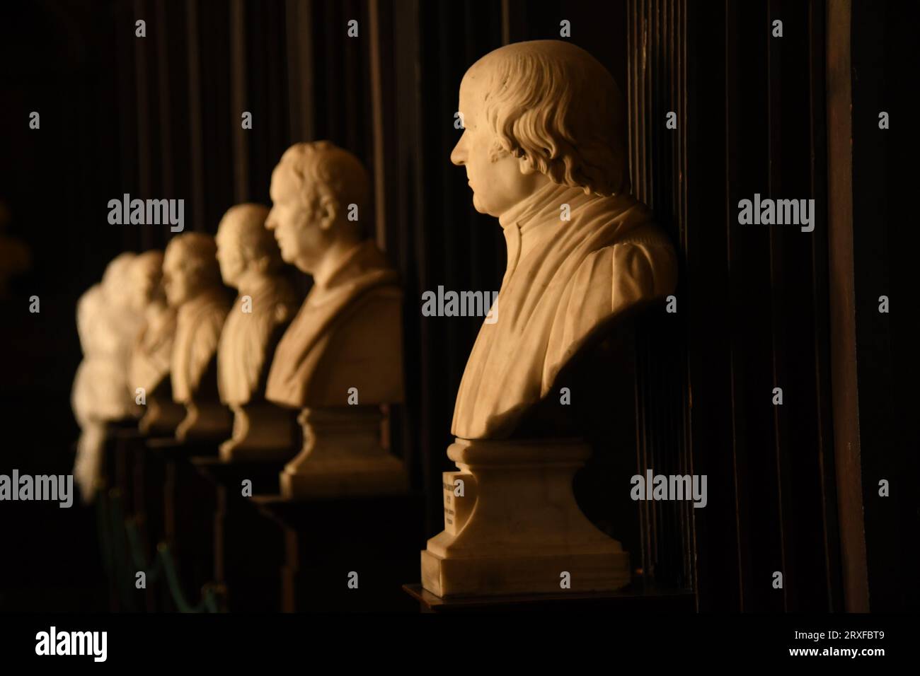Statue di filosofi all'interno dell'Old Library del Trinity College, Dublino - Irlanda Foto Stock