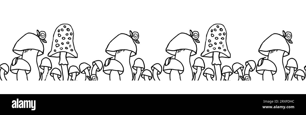 Bordo senza cuciture a fungo. Banner vettoriale con illustrazioni in bianco e nero, sfondo foresta semplice Illustrazione Vettoriale