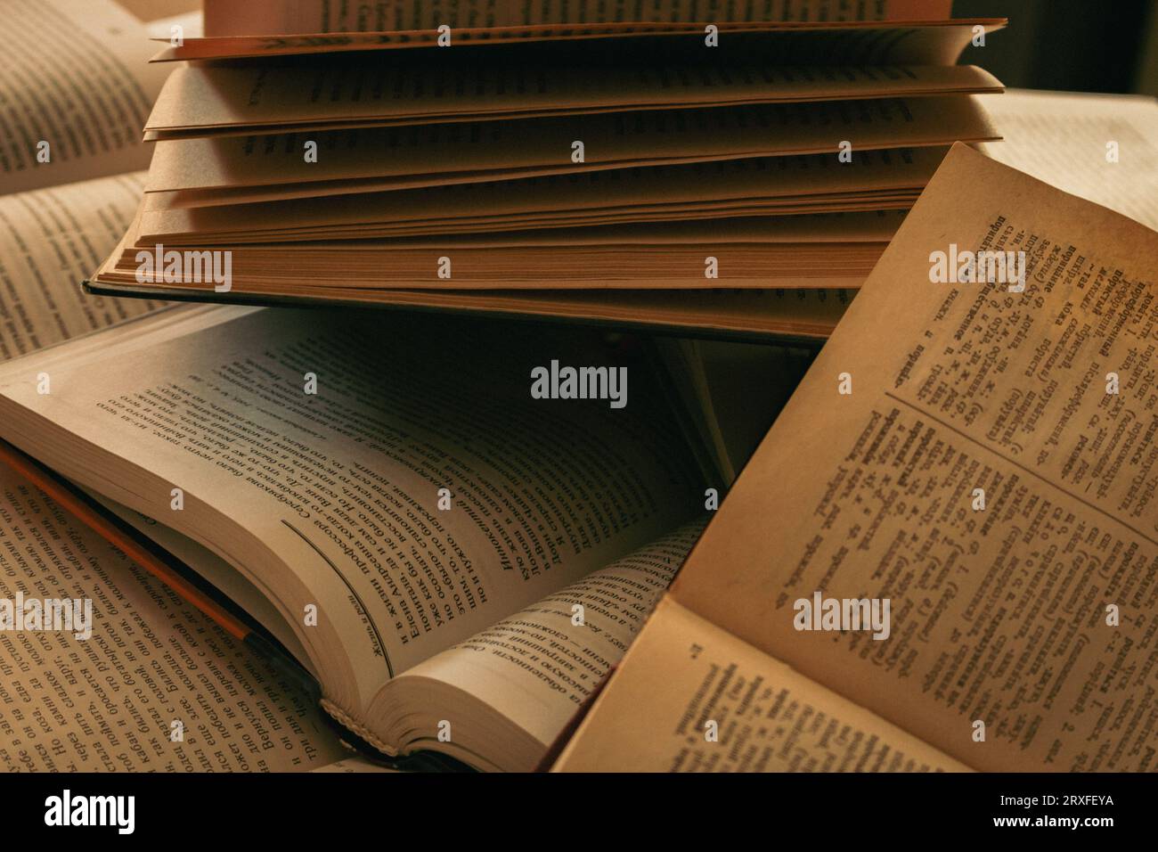 Aprire i libri su un tavolo. Sfondo della letteratura. Informazioni sulle pagine. Sfondo della libreria. Hobby e tempo libero. Concetto di istruzione. Pila di libri retrò. Foto Stock