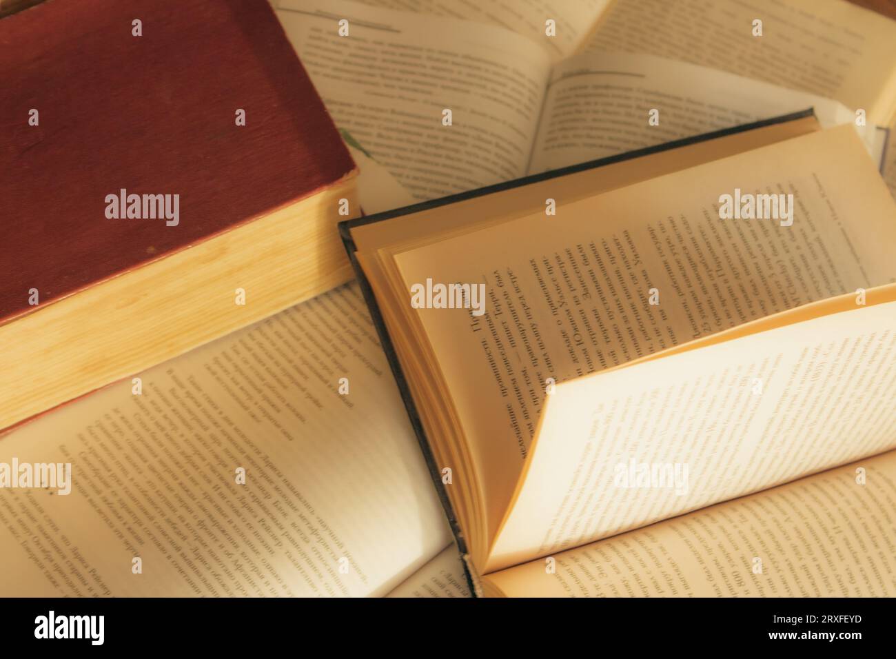 Aprire i libri su un tavolo. Sfondo della letteratura. Informazioni sulle pagine. Sfondo della libreria. Hobby e tempo libero. Concetto di istruzione. Pila di libri retrò. Foto Stock