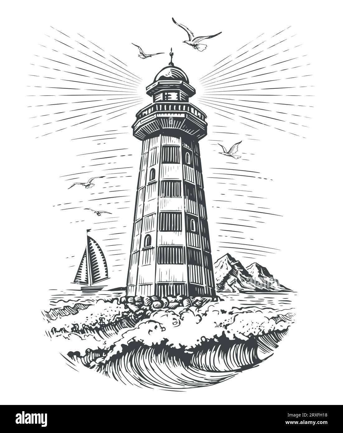 Antico faro d'epoca e onde di mare. Illustrazione vettoriale del faro in stile Seascape Engraving Illustrazione Vettoriale