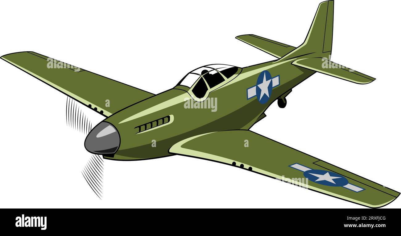 Aereo da combattimento Mustang 1940. Aeromobili WW II. Aereo d'epoca. Clipart vettoriale isolato su bianco. Illustrazione Vettoriale