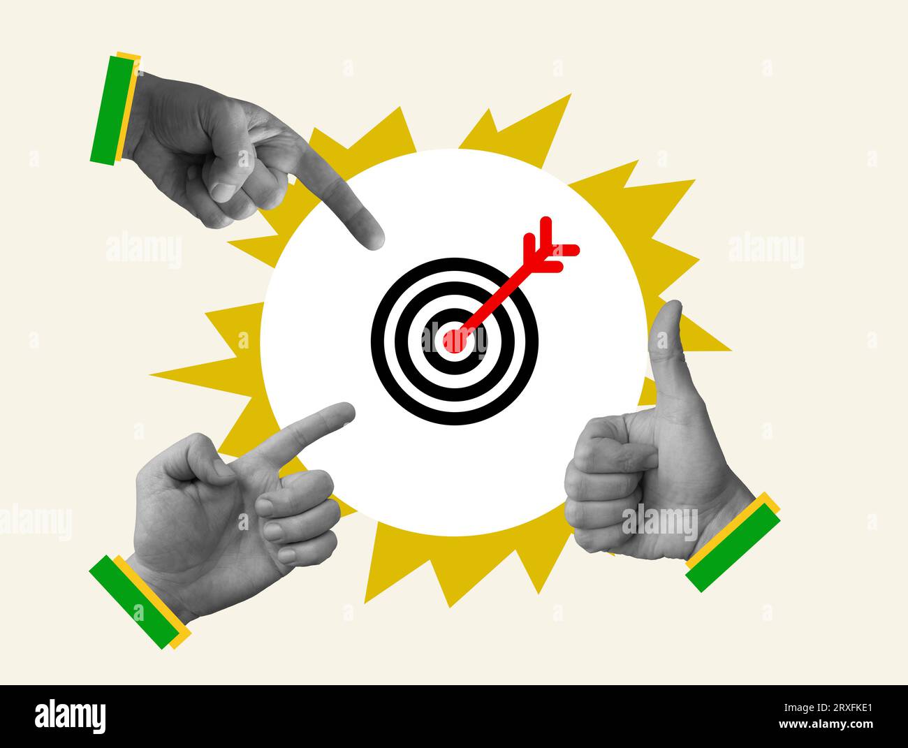 Collage con le mani e il bersaglio come simbolo del raggiungimento degli obiettivi aziendali. Foto Stock