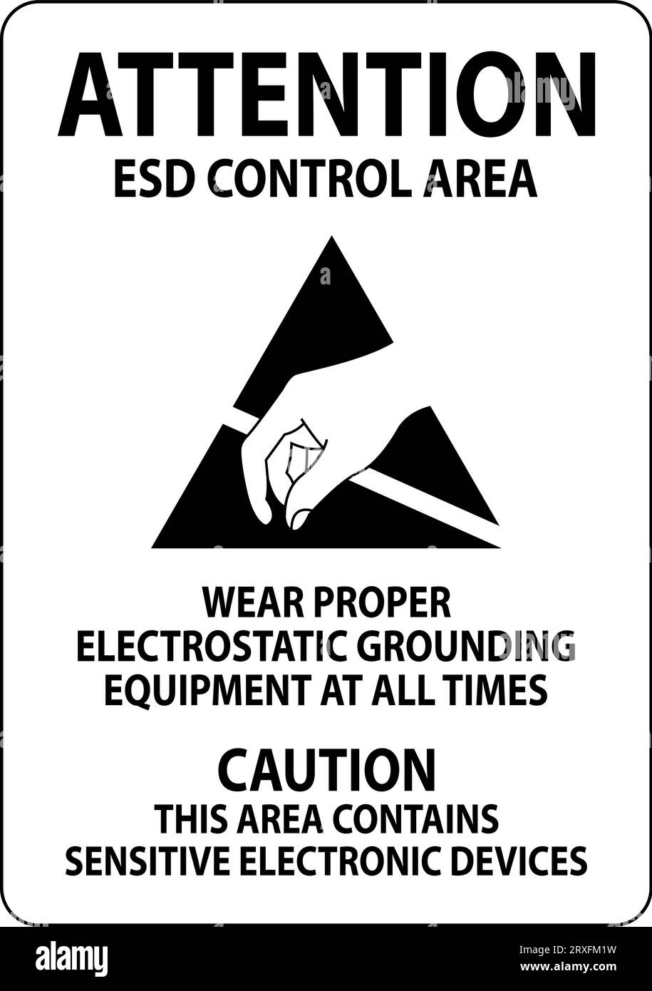 Cartello attenzione area di controllo ESD - indossare sempre apparecchiature di messa a terra elettrostatiche adeguate. Attenzione questa area contiene dispositivi elettronici sensibili Illustrazione Vettoriale