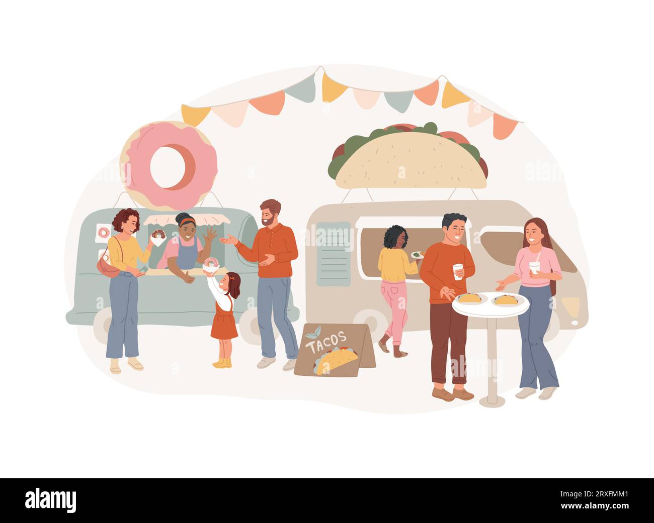 Illustrazione vettoriale del concetto isolato di Street food festival. Servizio di food truck, evento gastronomico locale, attività all'aperto, cucina preparata dallo chef, menu internazionale, concetto vettoriale di arte e musica. Illustrazione Vettoriale