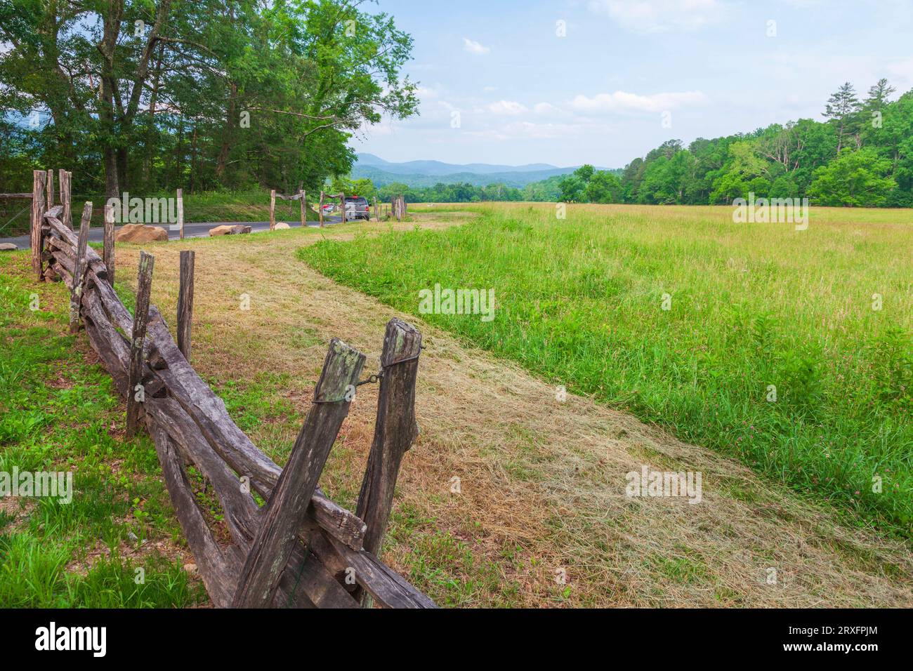 Fenceline e Field al John Oliver Place nel villaggio di Cades Cove nel Great Smoky Mountain National Park, Tennessee. Foto Stock